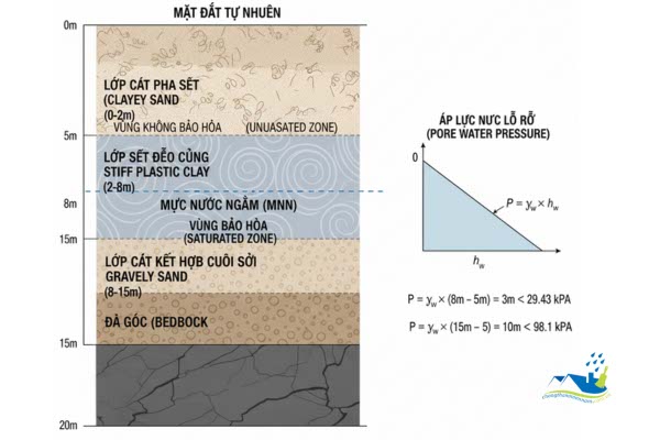 Mặt cắt địa chất cho thấy các lớp đất và mực nước ngầm ảnh hưởng đến áp lực nước ngầm