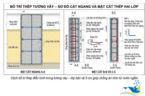 Bố trí thép hai lớp trong tường vây bê tông cốt thép tầng hầm nhà phố – đảm bảo chịu lực ngang tốt