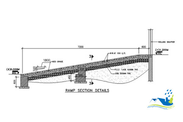 Ram dốc tầng hầm nhà phố tại TP.HCM với độ dốc tối đa 18% đảm bảo an toàn xe ra vào