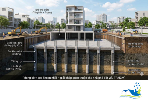 Sơ đồ cắt ngang kết cấu tầng hầm nhà phố tại TP.HCM minh họa móng, tường vây, sàn đáy tầng hầm