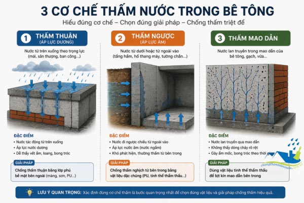 cơ chế thấm nước trong bê tông thấm thuận thấm ngược mao dẫn