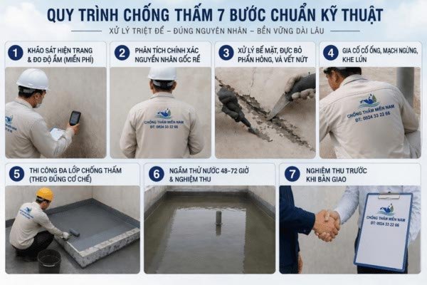 quy trình chống thấm tphcm 7 bước chuẩn kỹ thuật từ khảo sát đến nghiệm thu